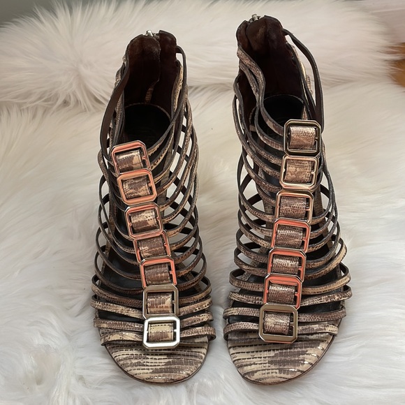 Tory Burch gladiator snake print caged heeled sandals EUC size 9 - Picture 2 of 11